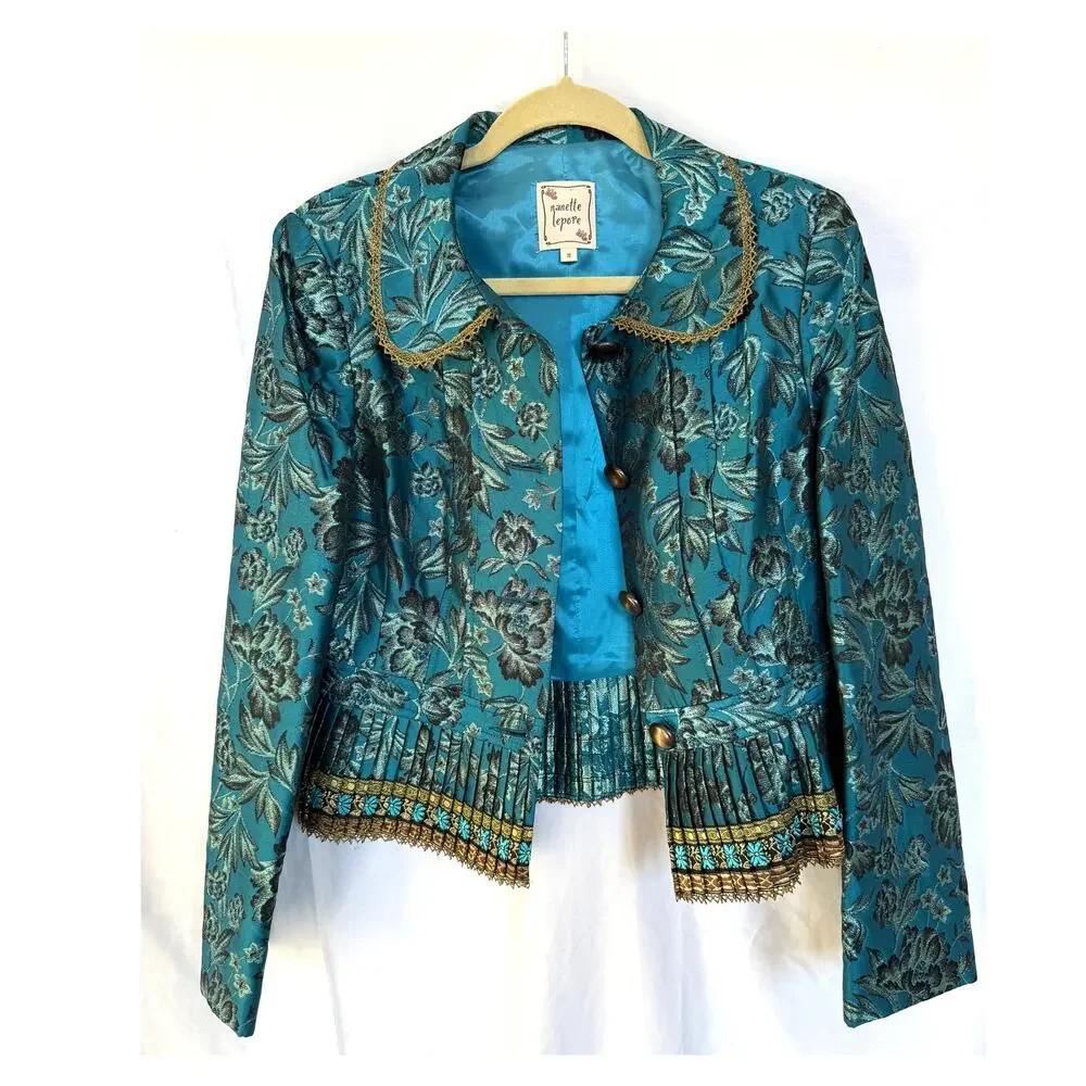 Nanette Lepore Blue Metallic Gold Floral Brocade Formal Jacket Blazer, M, 10 - Picture 6 of 6